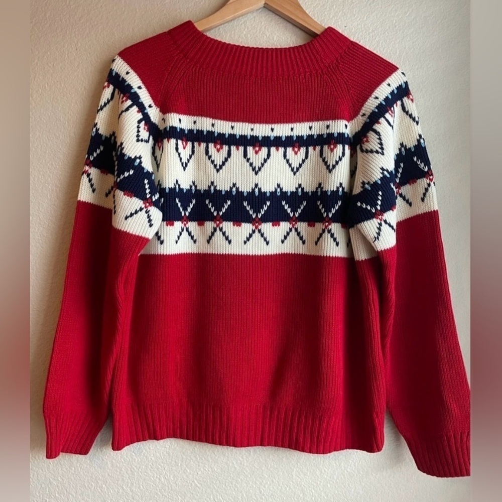 Vintage JC Penney Red White Knit Apres Ski Long Sleeve Crewneck Sweater Size M